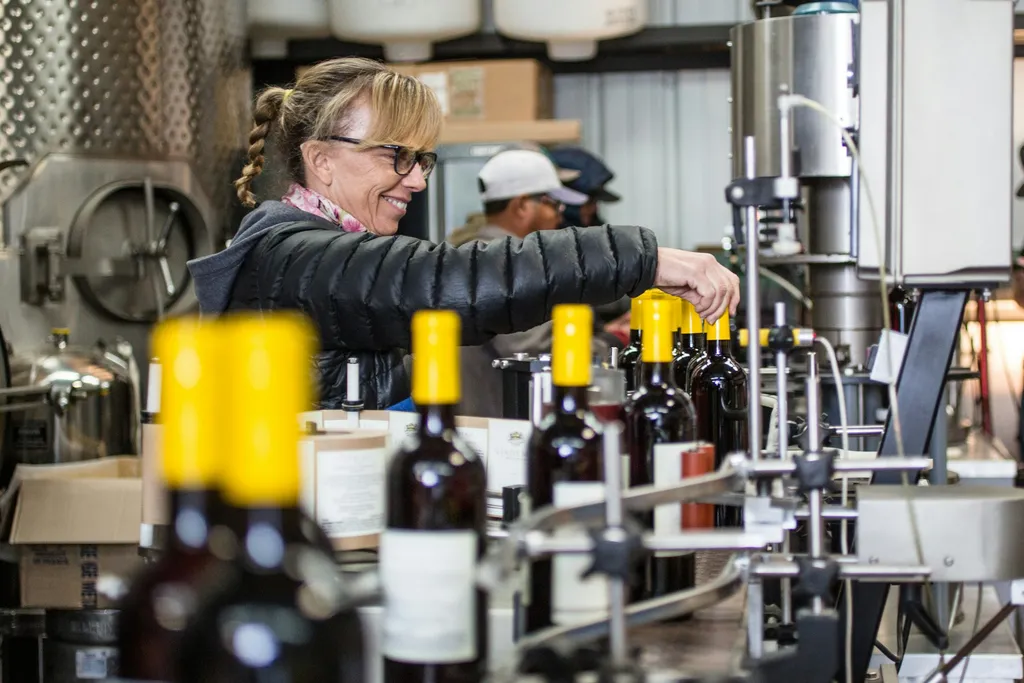 A worker at a wine bottling line, bottles moving through the filler